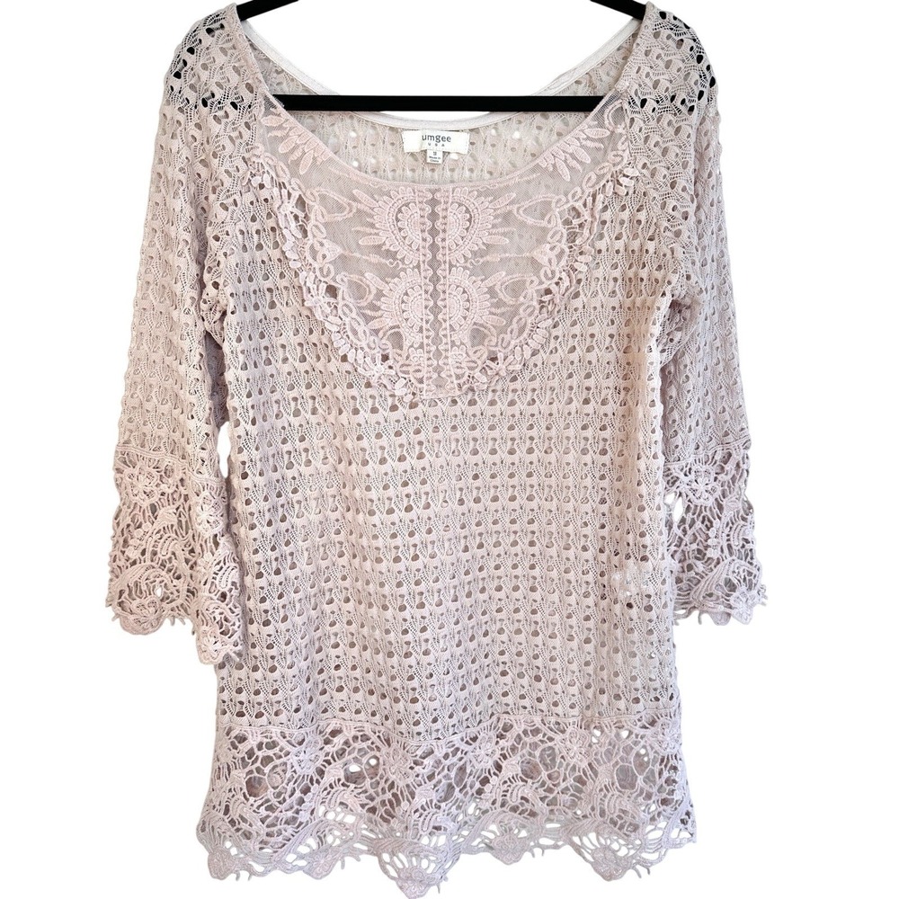 Umgee USA Pink Crochet Lace Boho Top Size M Medium 3/4 Sleeve Romantic Festival